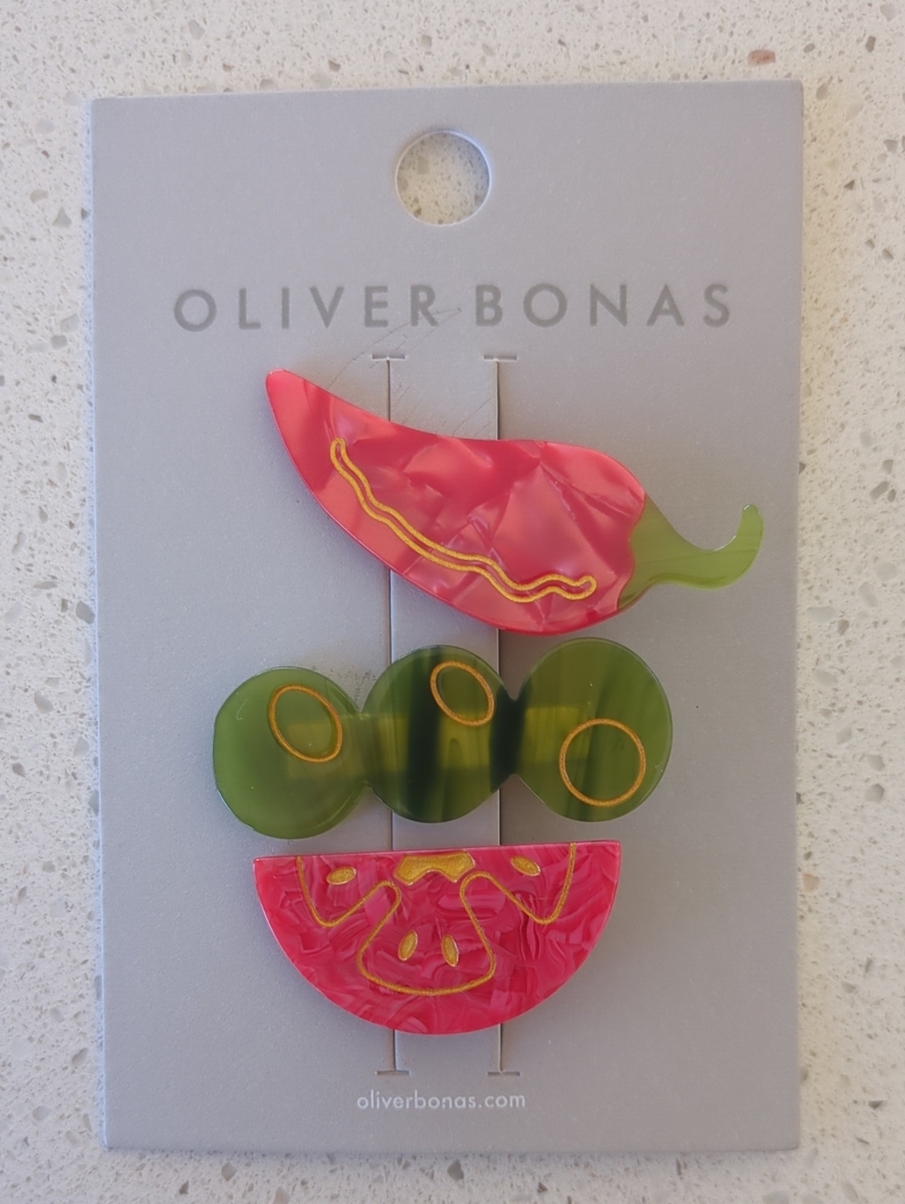 Oliver Bonas Pink & Green Trio Hair Clips, Chili Pepper, Olives, Tomato, Gold